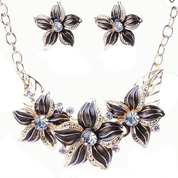 Necklace and Earrings - Coordinating Set - Dark Style-Golden Accents-Crystals - Picture 1 of 5